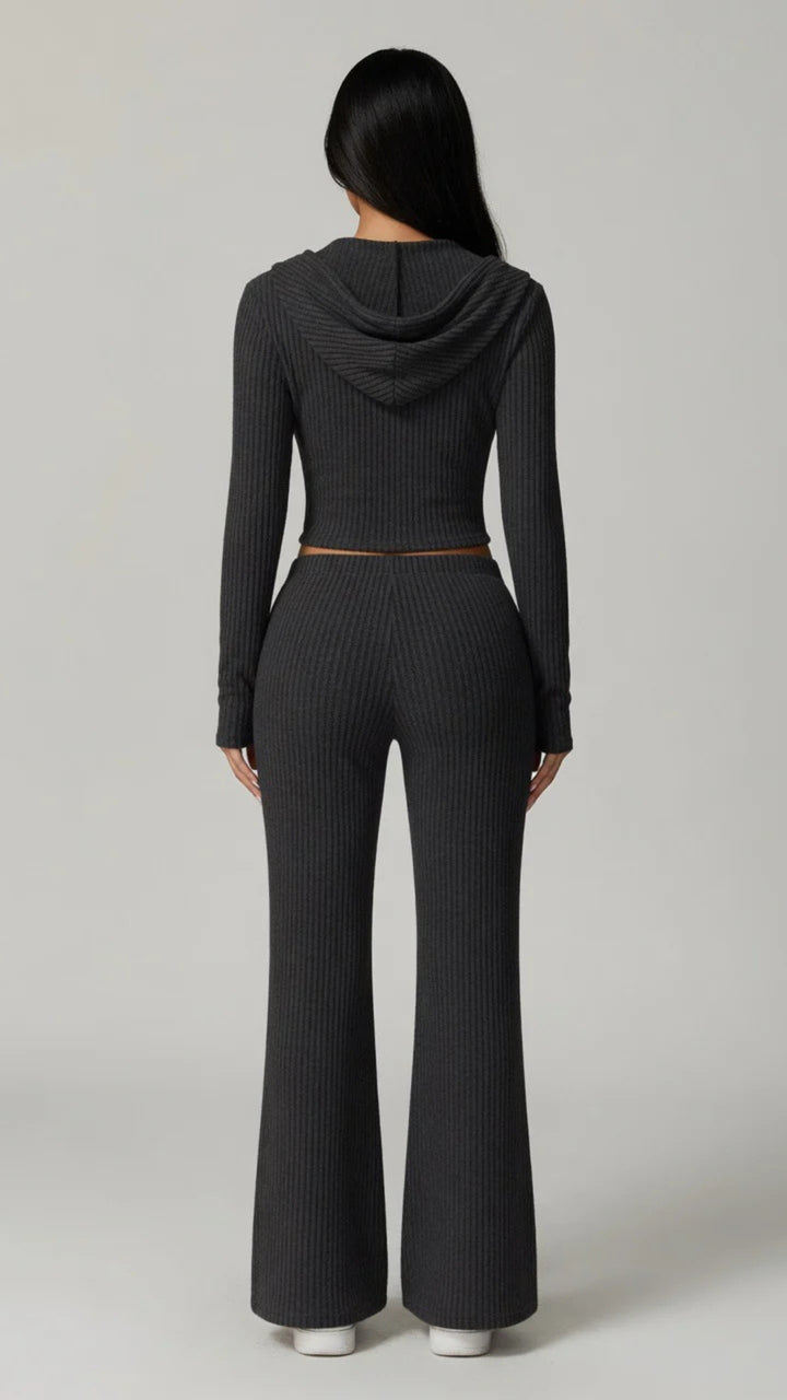 Ribbed Knit Hoodie &amp; Flare Trouser Set