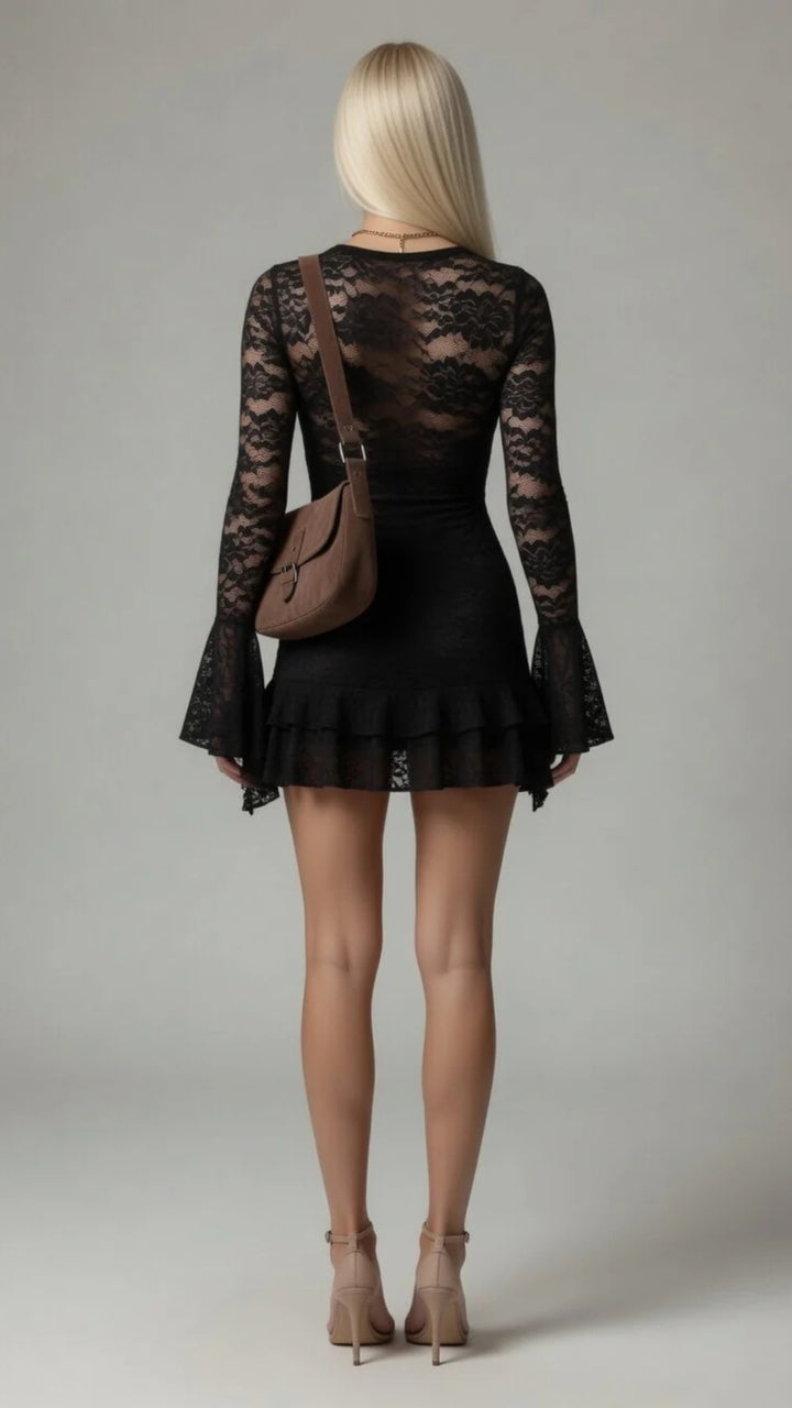 Floral Lace V-Neck Long Sleeve Mini Dress