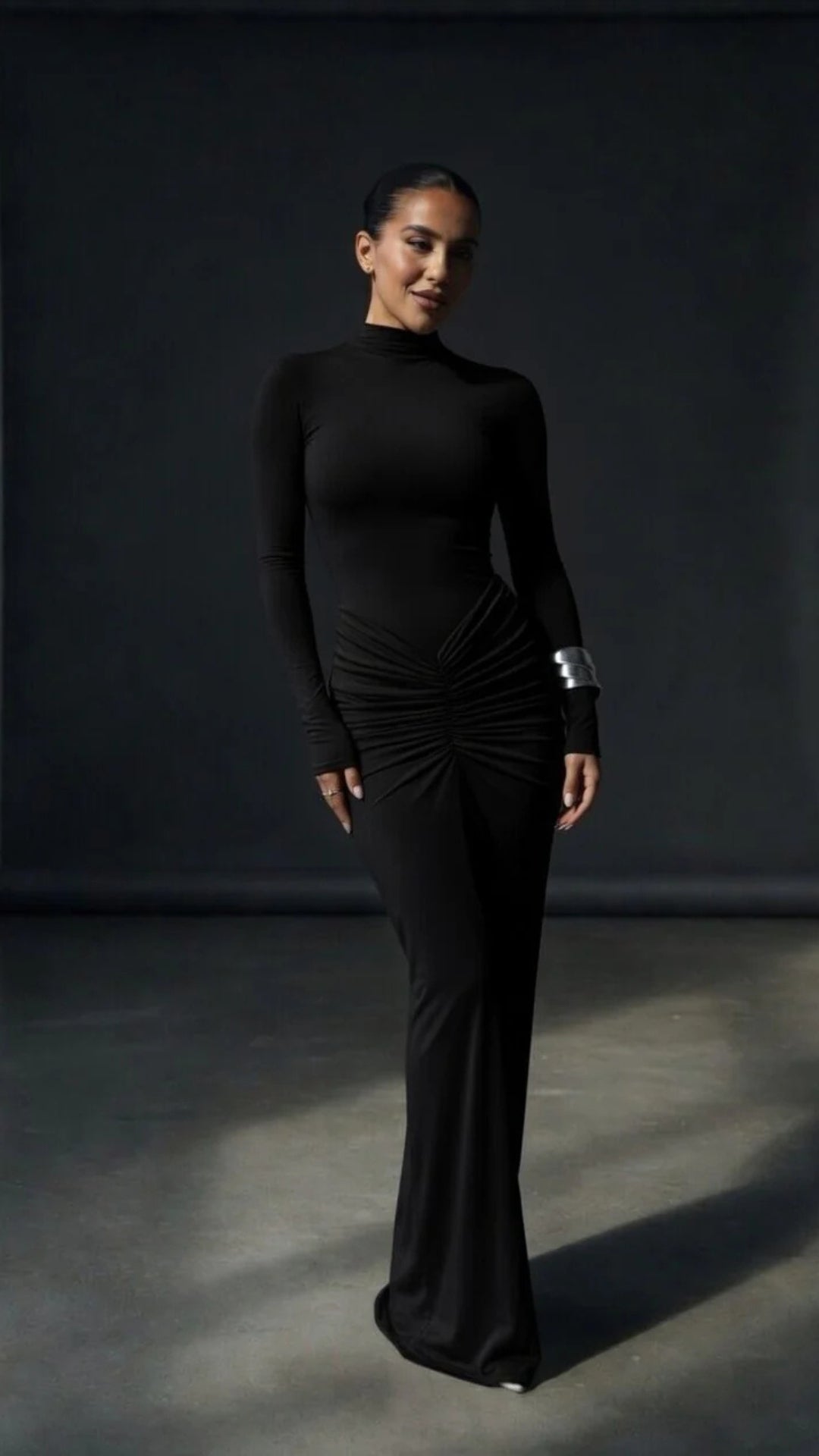 High-Neck Long-Sleeve Maxi Dress
