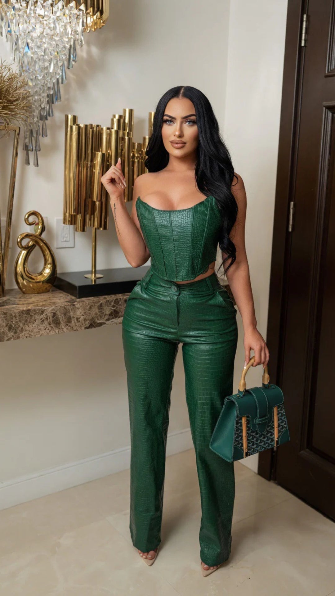 Faux Leather Crocodile Detail Cropped Top and Trouser Set