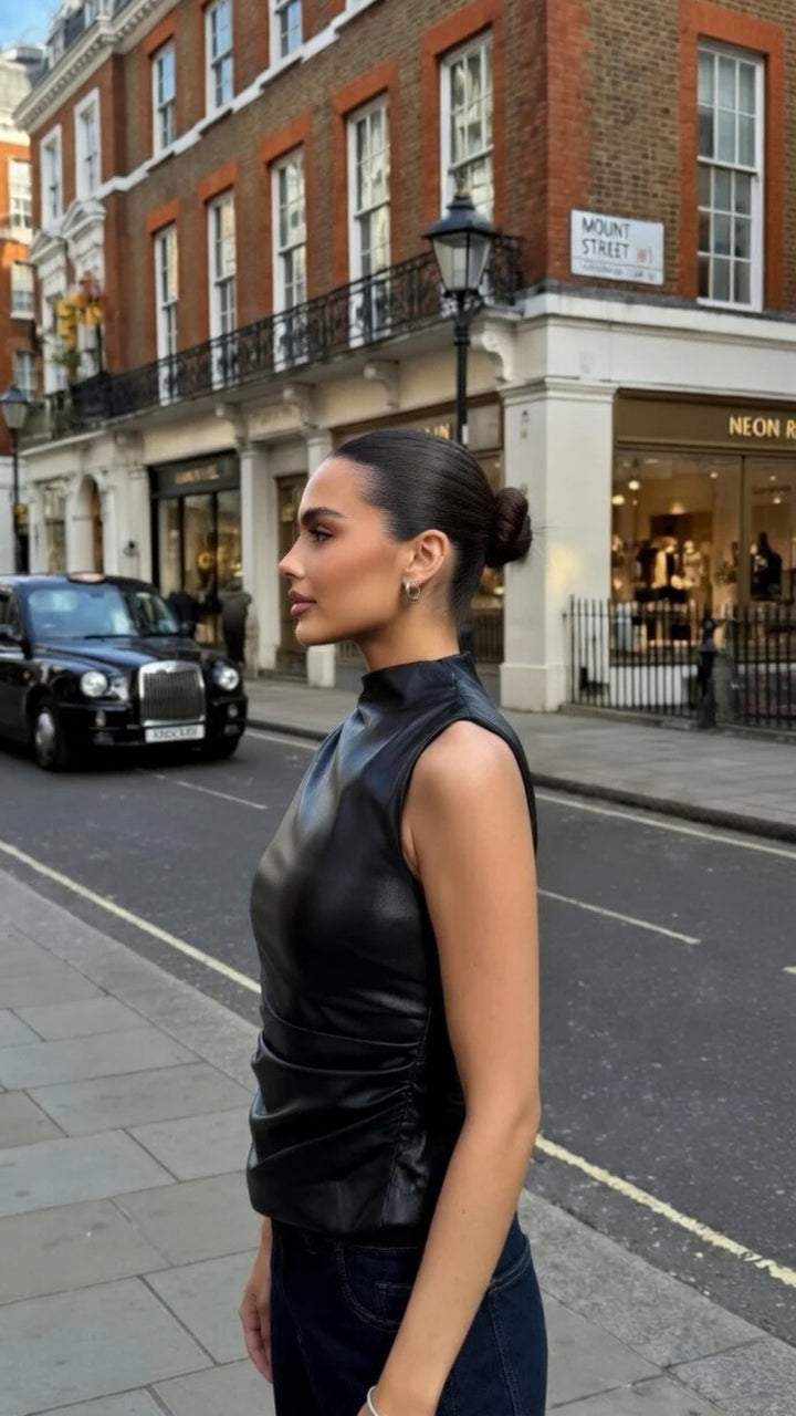 Faux Leather High Neck Sleeveless Top