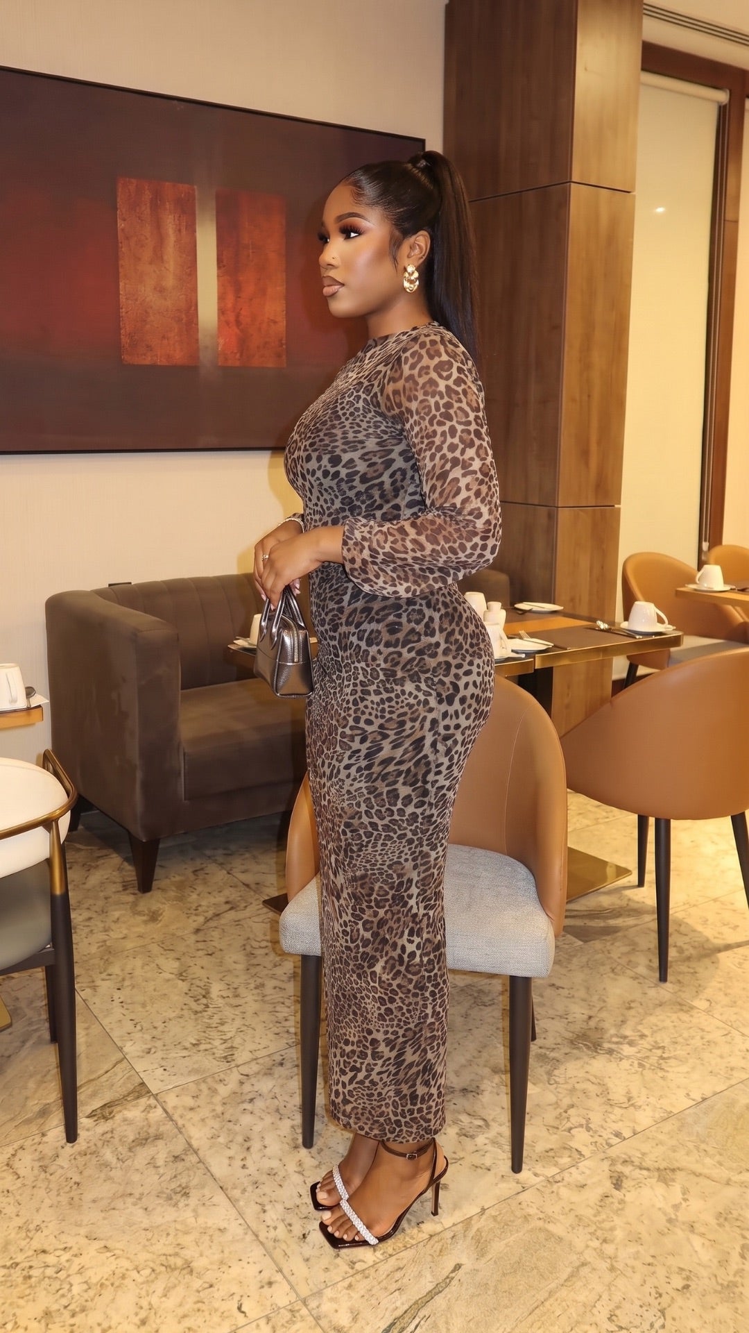 Leopard Print Long Sleeve Ruched Maxi Dress