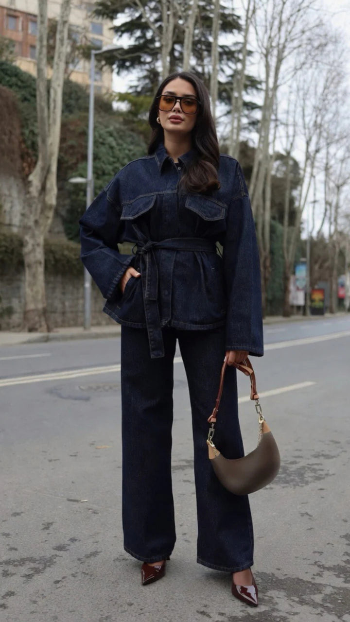Indigo Blue Belted Denim Jacket &amp; Wide-Leg Jeans Set