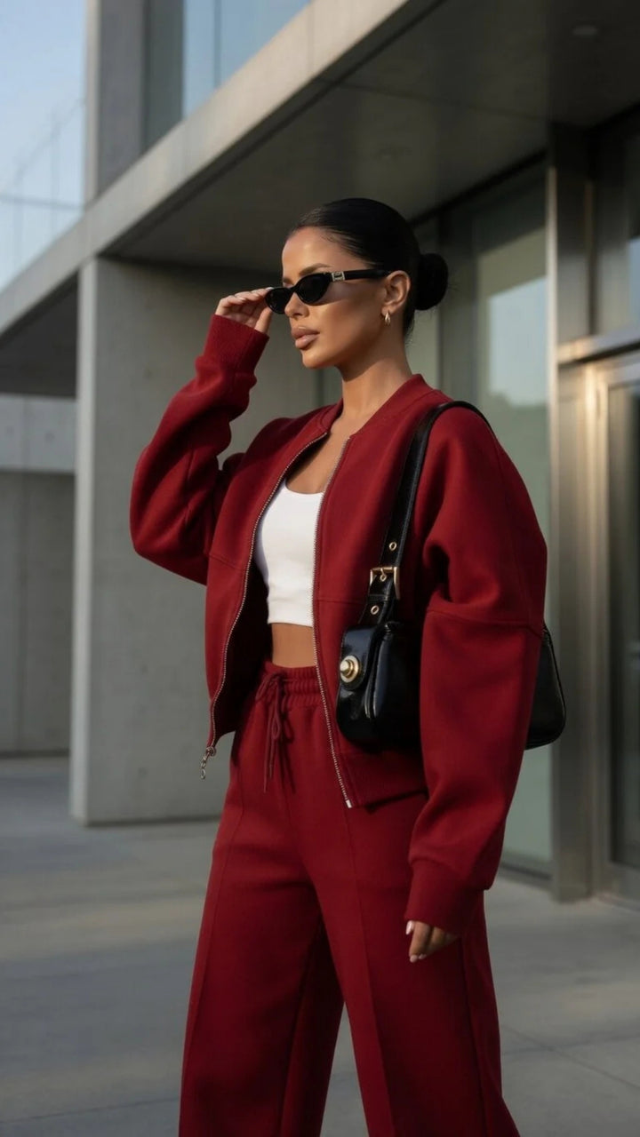 Bomber Zip-Up Cropped Sweatshirt &amp; Wide Leg Trousers Set