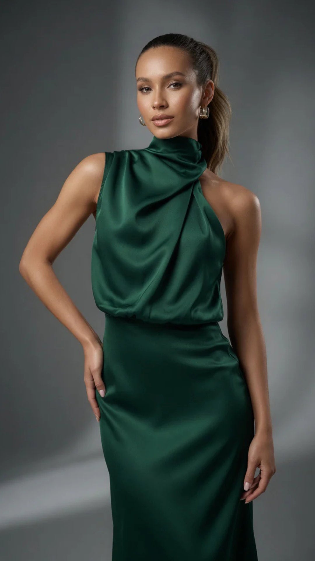 Satin Cowl Halter Neck Midi Dress