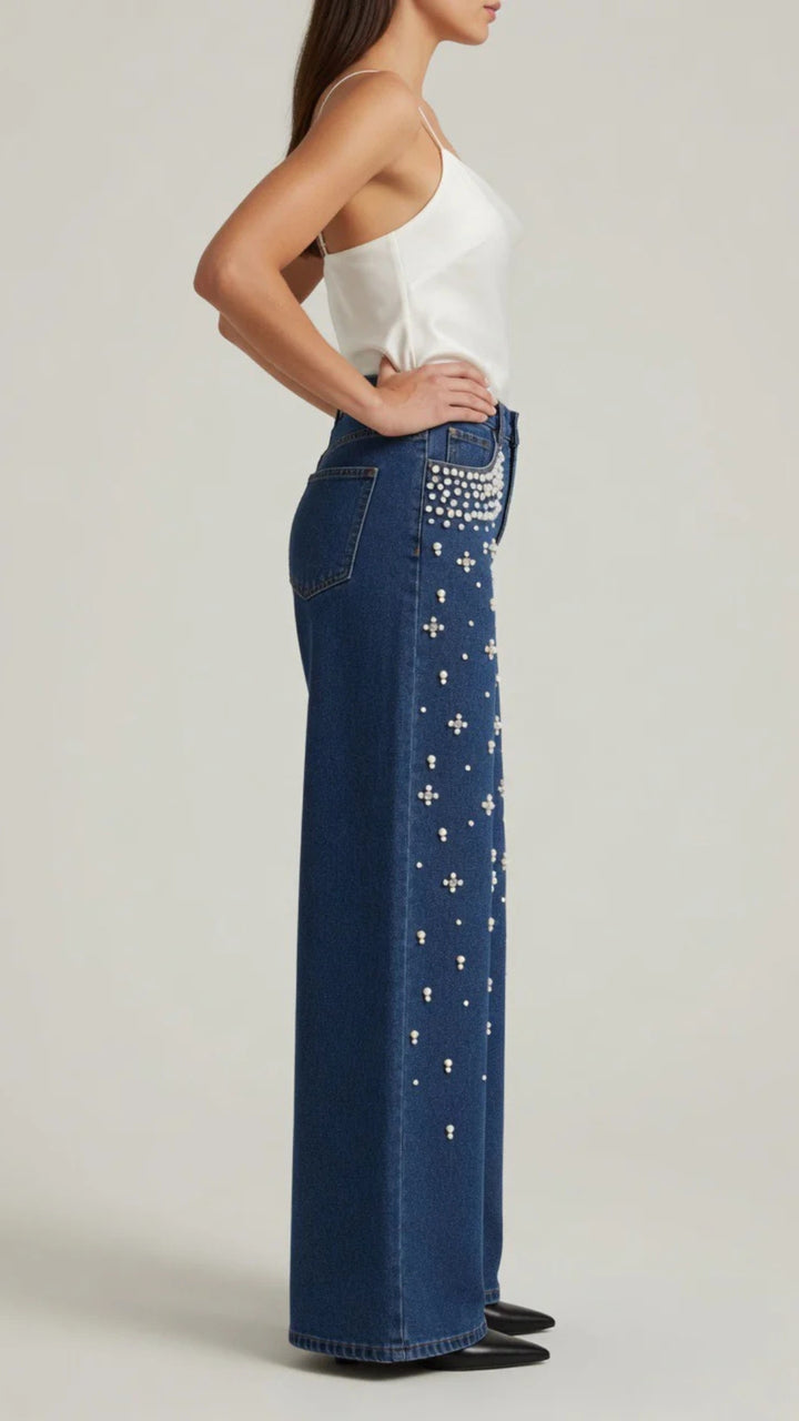 Beaded Detail Straight Leg Denim Jeans