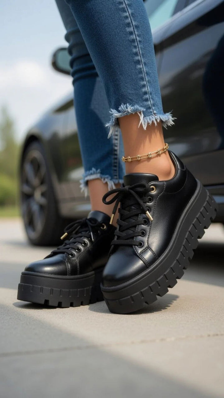 Faux Leather Lace-Up Chunky Platform Sole Trainers