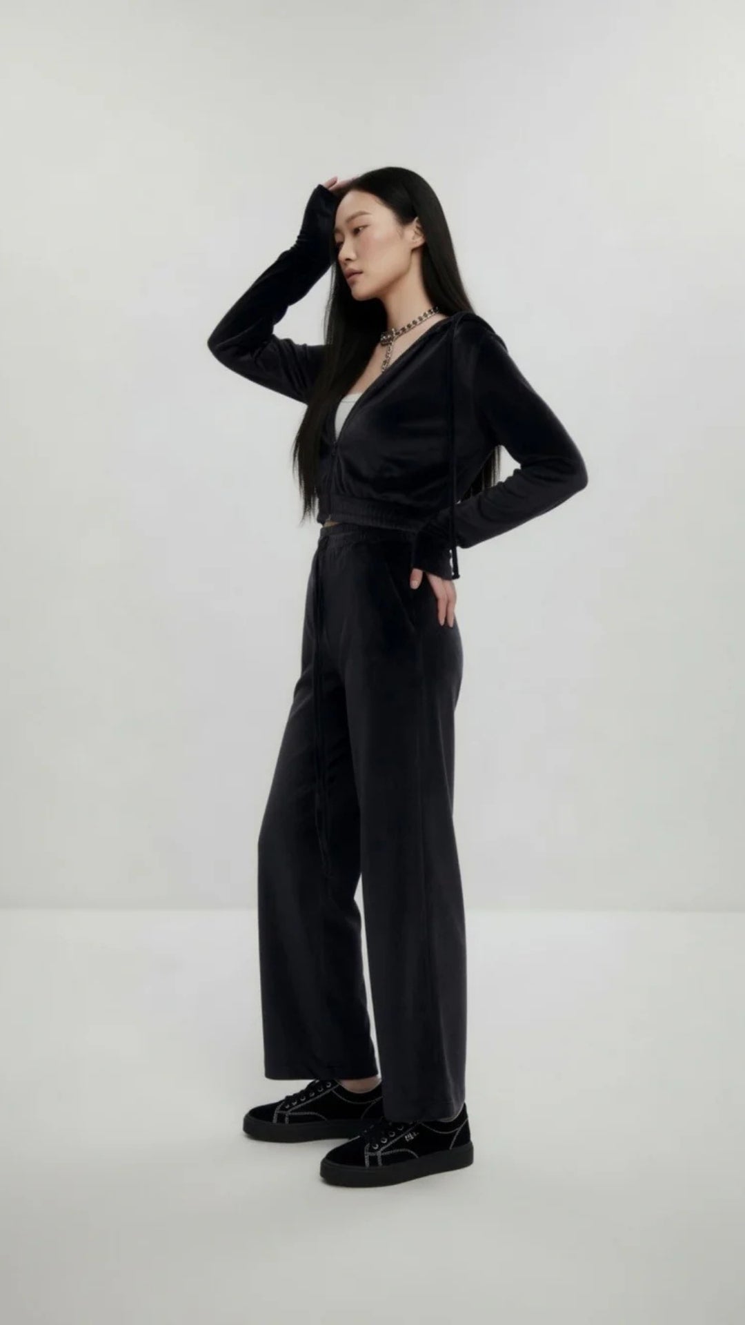 Velour Zip-Up Cropped Hoodie &amp; Wide Leg Trouser Set