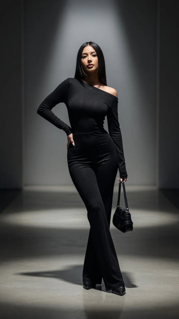One-Shoulder Off-The-Shoulder Flare Jumpsuit