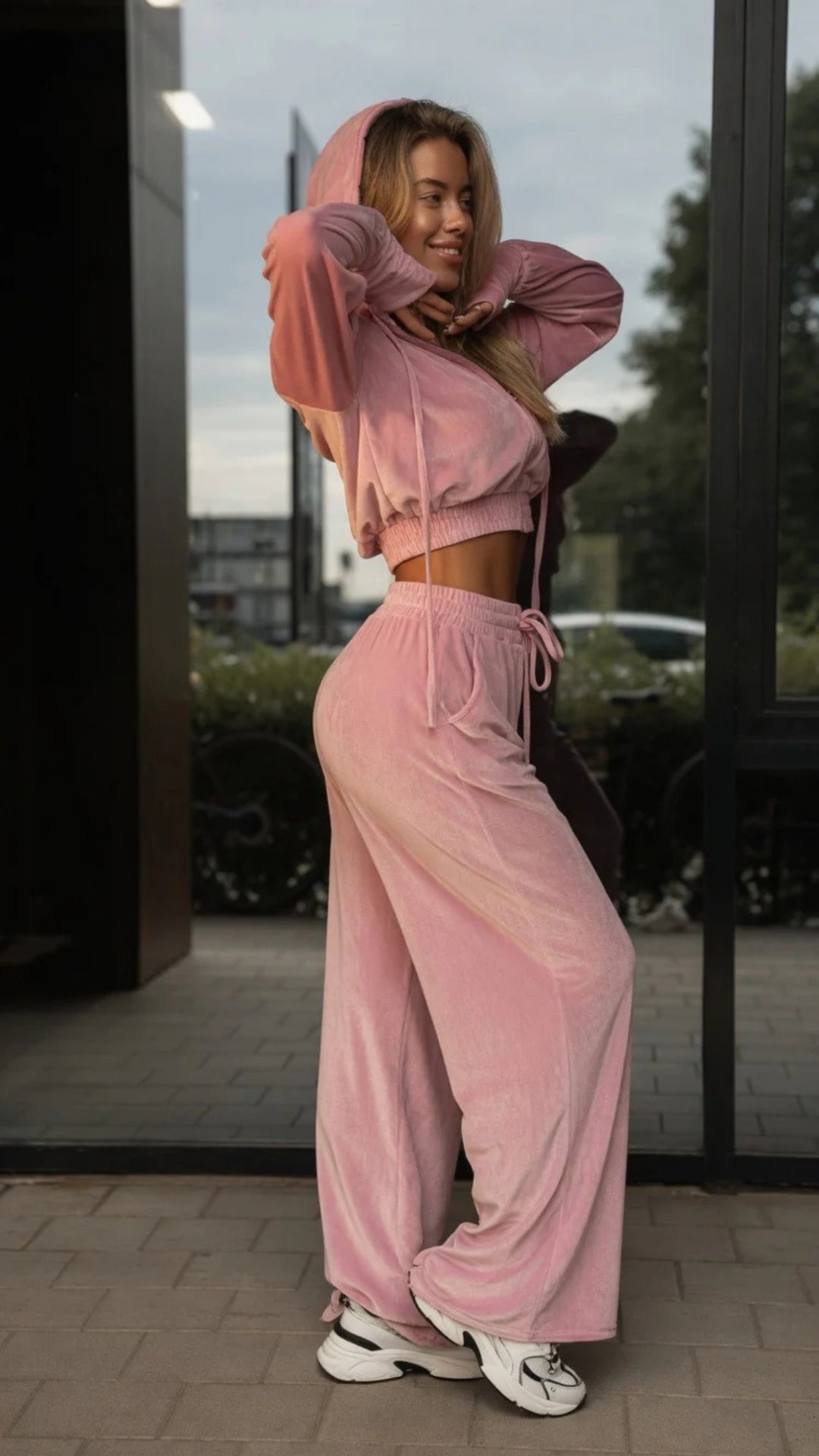 Velour Zip-Up Cropped Hoodie &amp; Wide Leg Trouser Set