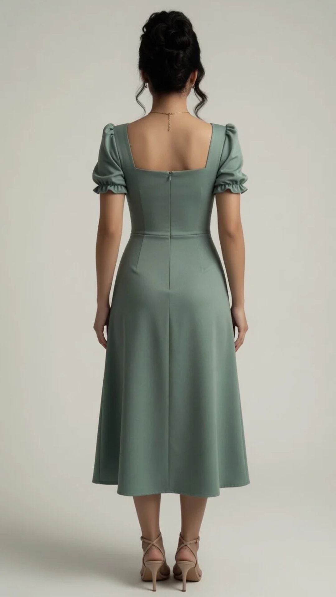 Puff Sleeve Button-Detail Split Midi Dress