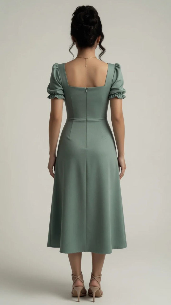 Puff Sleeve Button-Detail Split Midi Dress