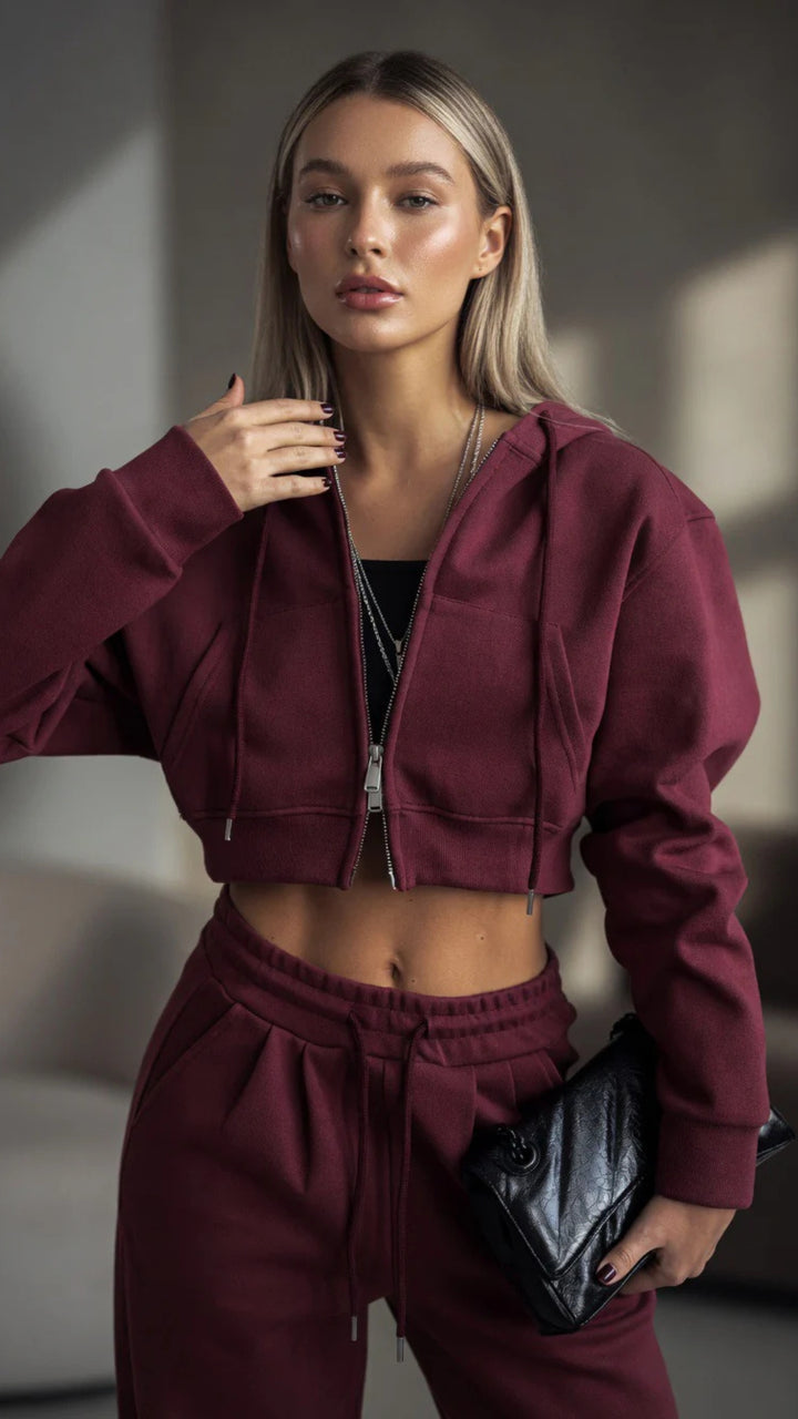 Cropped Zip-Up Hoodie &amp; Wide Leg Sweatpants Set