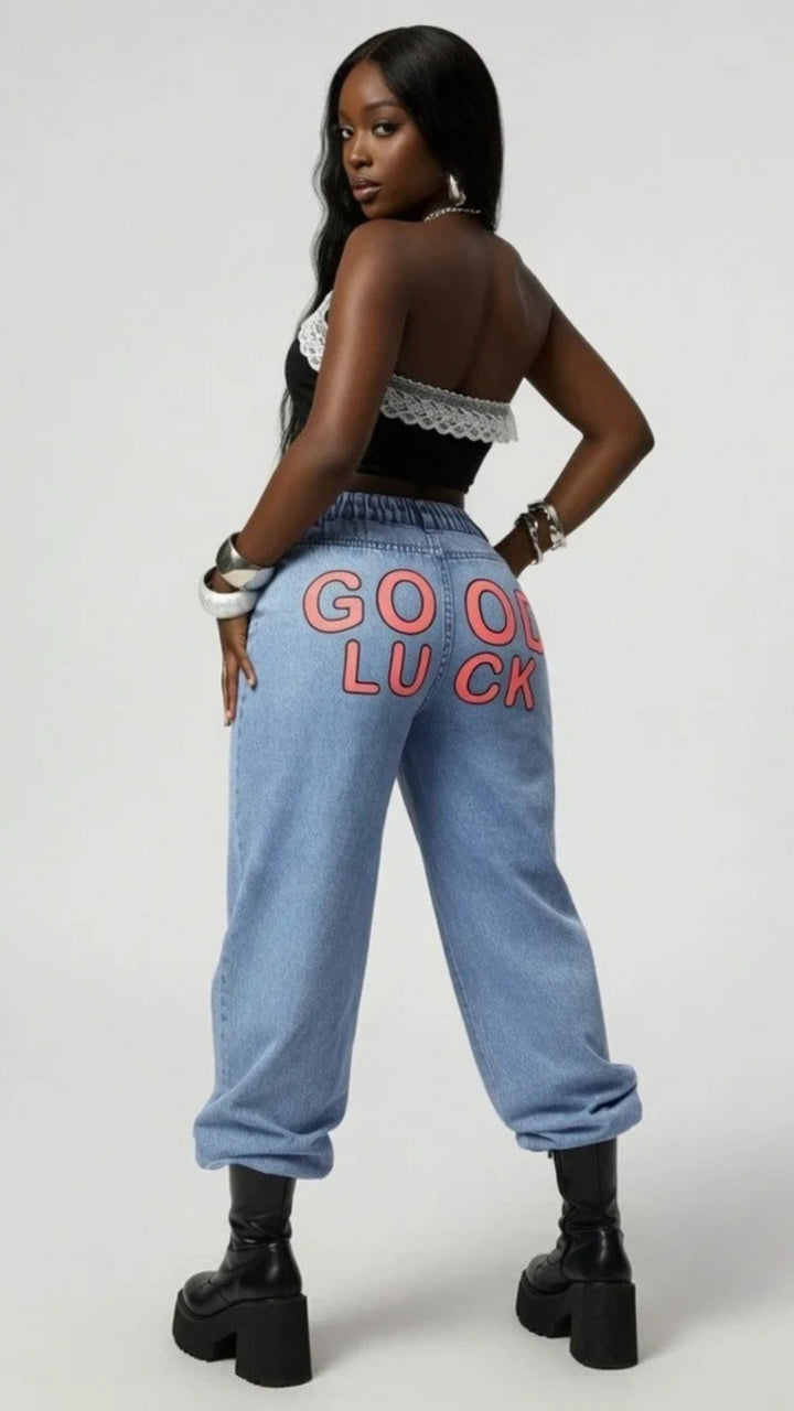 Good Luck Print Straight Wide-Leg Denim Jeans
