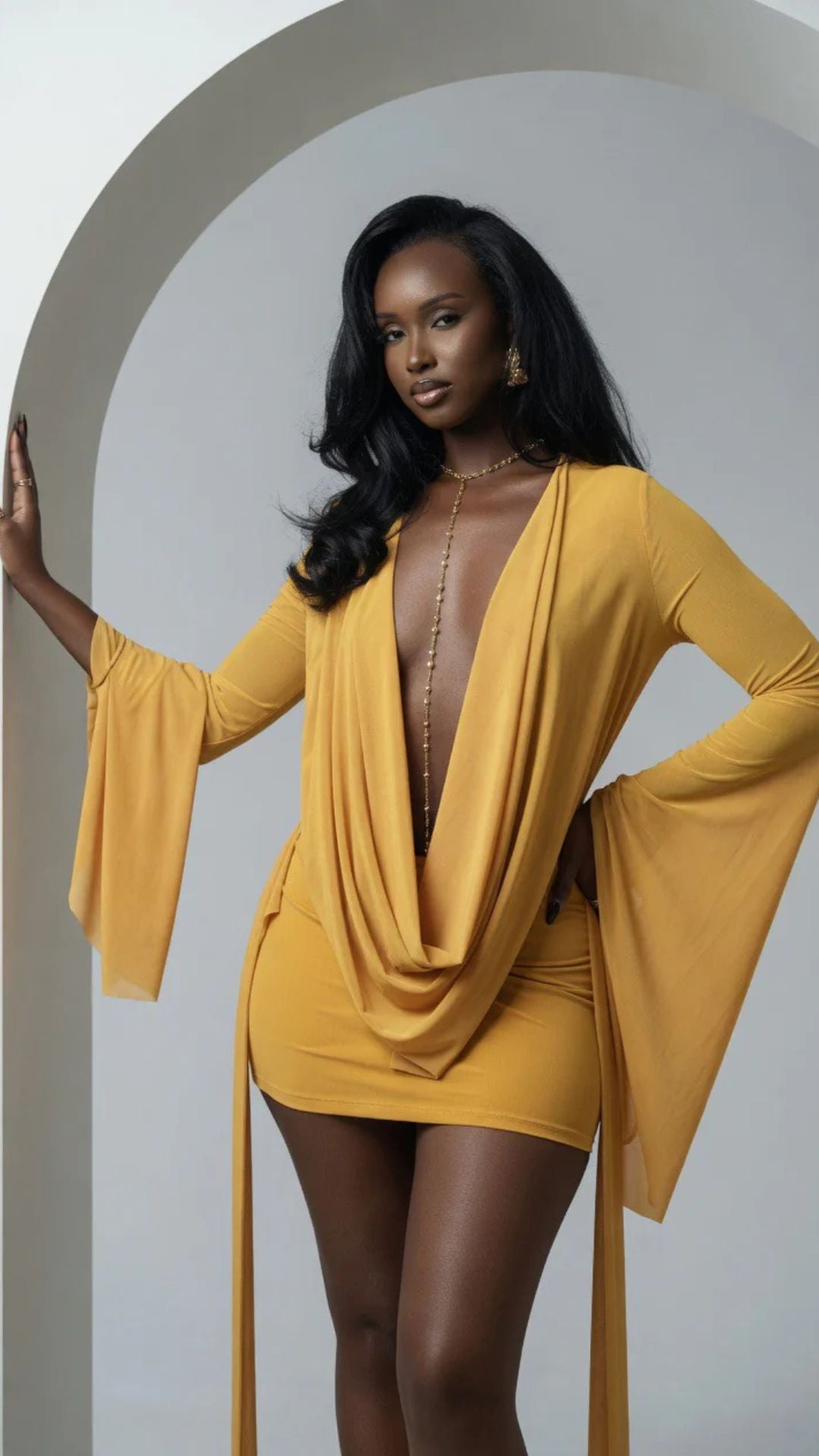 Mesh Cowl-Neck Long Sleeve Mini Dress