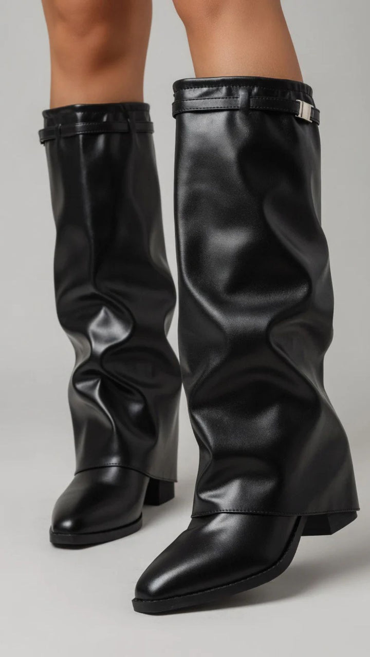 PU Leather Knee High Fold Over Boots