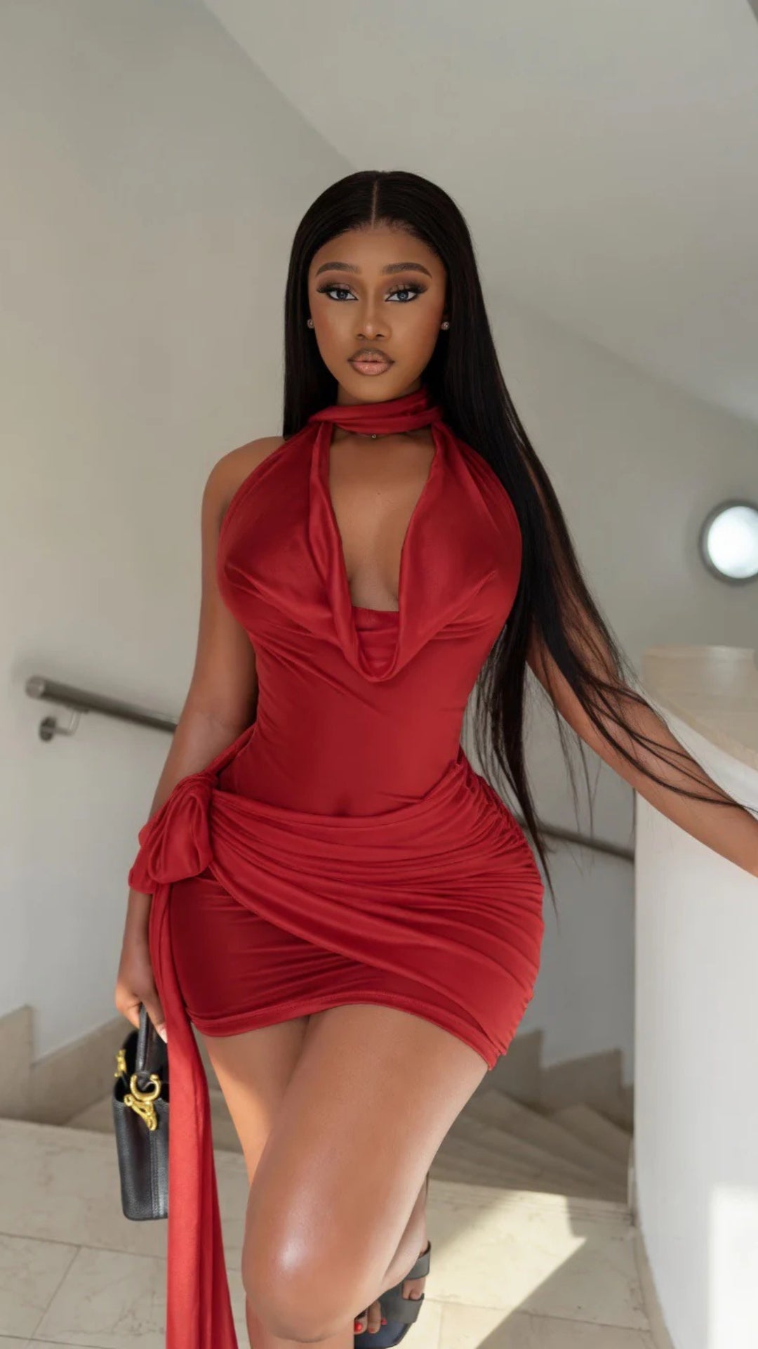 Mesh Sleeveless Cowl-Neck Mini Dress