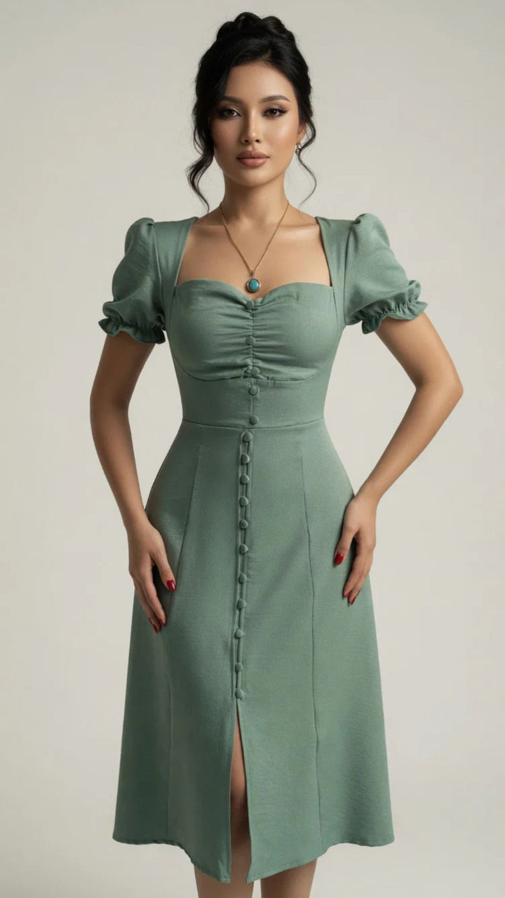 Puff Sleeve Button-Detail Split Midi Dress
