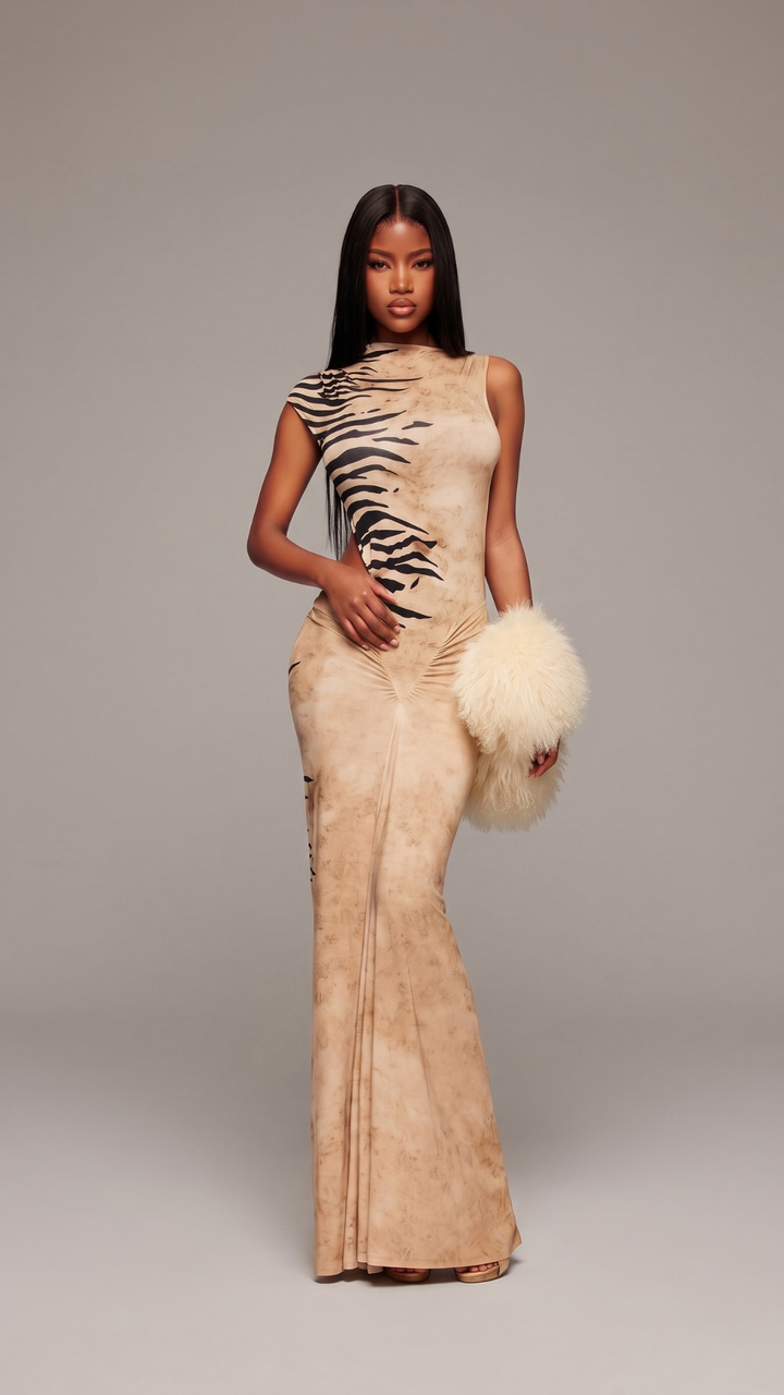 Animal Print High Neck Sleeveless Maxi Dress