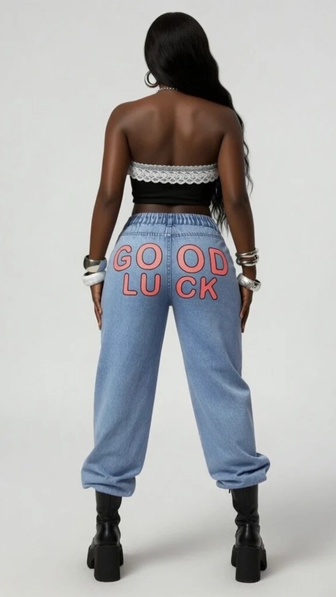 Good Luck Print Straight Wide-Leg Denim Jeans