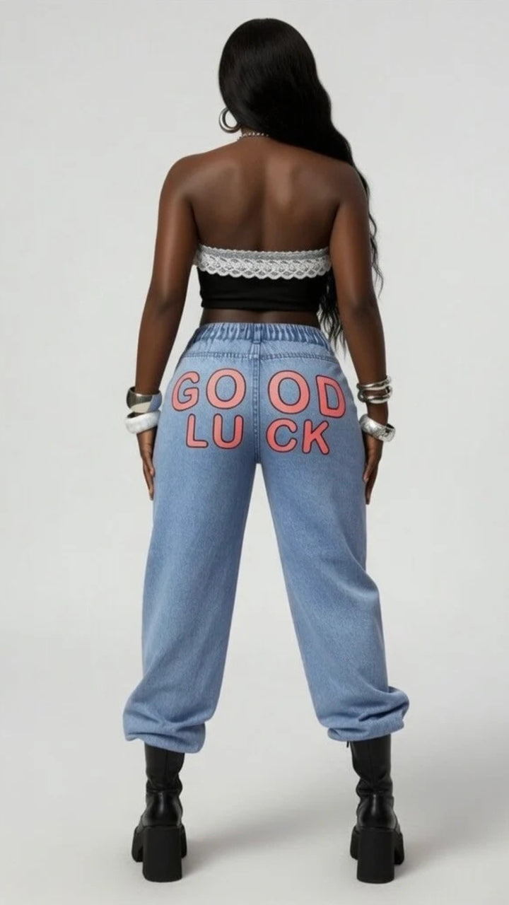 Good Luck Print Straight Wide-Leg Denim Jeans