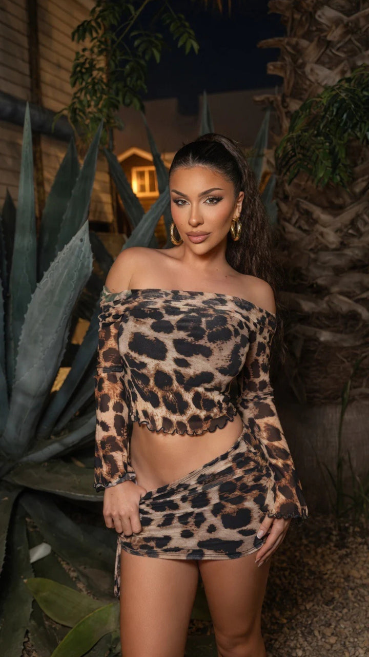 Leopard Print Off Shoulder Long Sleeve Crop Top &amp; Mini Skirt Set