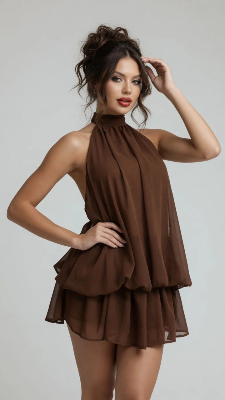 Halter-Neck Mesh Puffy Mini Dress