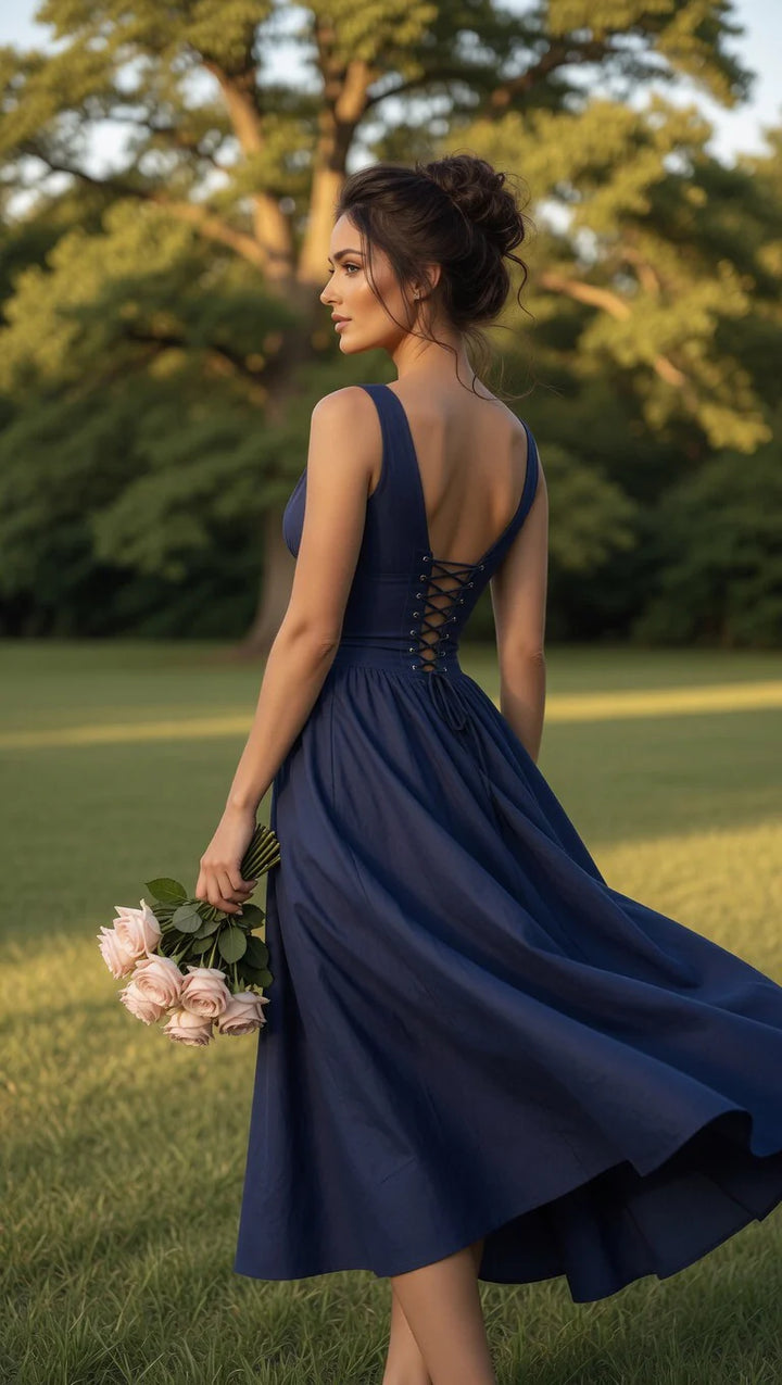Deep V-Neck Corset Midi Dress