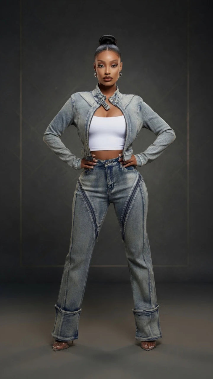 Biker-Style Denim Jacket and Jeans Set