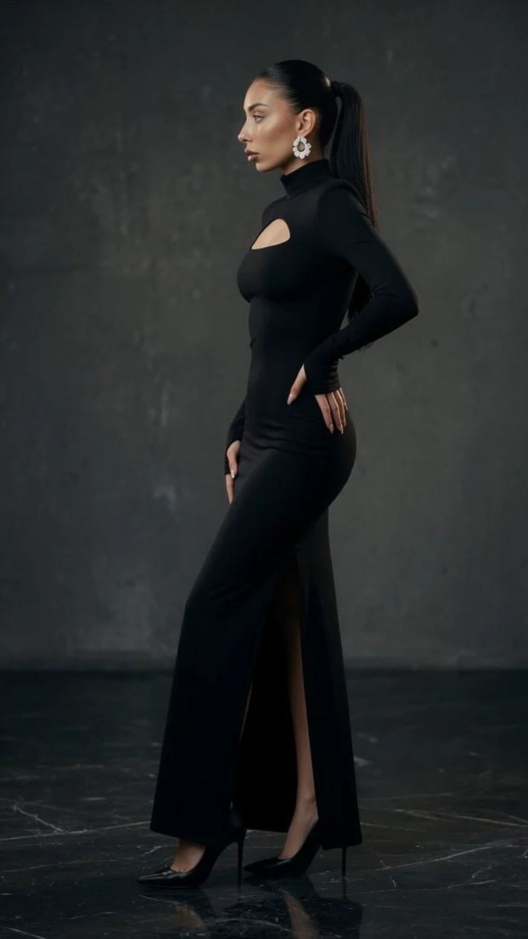 High-Neck Long Sleeve Slit Maxi Dress