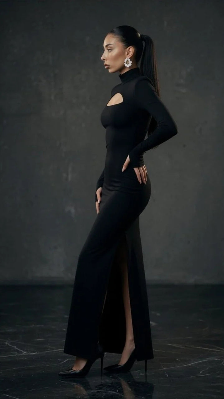 High-Neck Long Sleeve Slit Maxi Dress