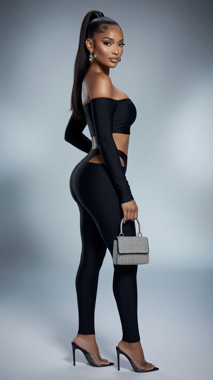 Black Off-the-Shoulder Long Sleeve Crop Top and Cut-Out High-Waisted Leggings Set