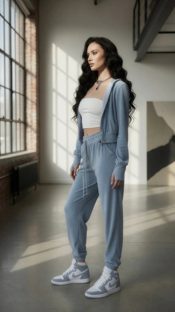 Velour Zip-Up Cropped Hoodie &amp; Wide Leg Trouser Set