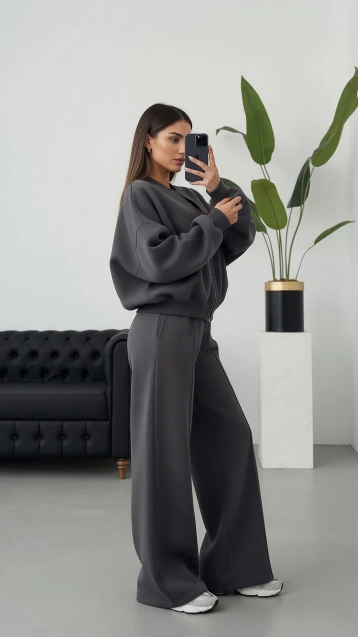 Bomber Zip-Up Cropped Sweatshirt &amp; Wide Leg Trousers Set
