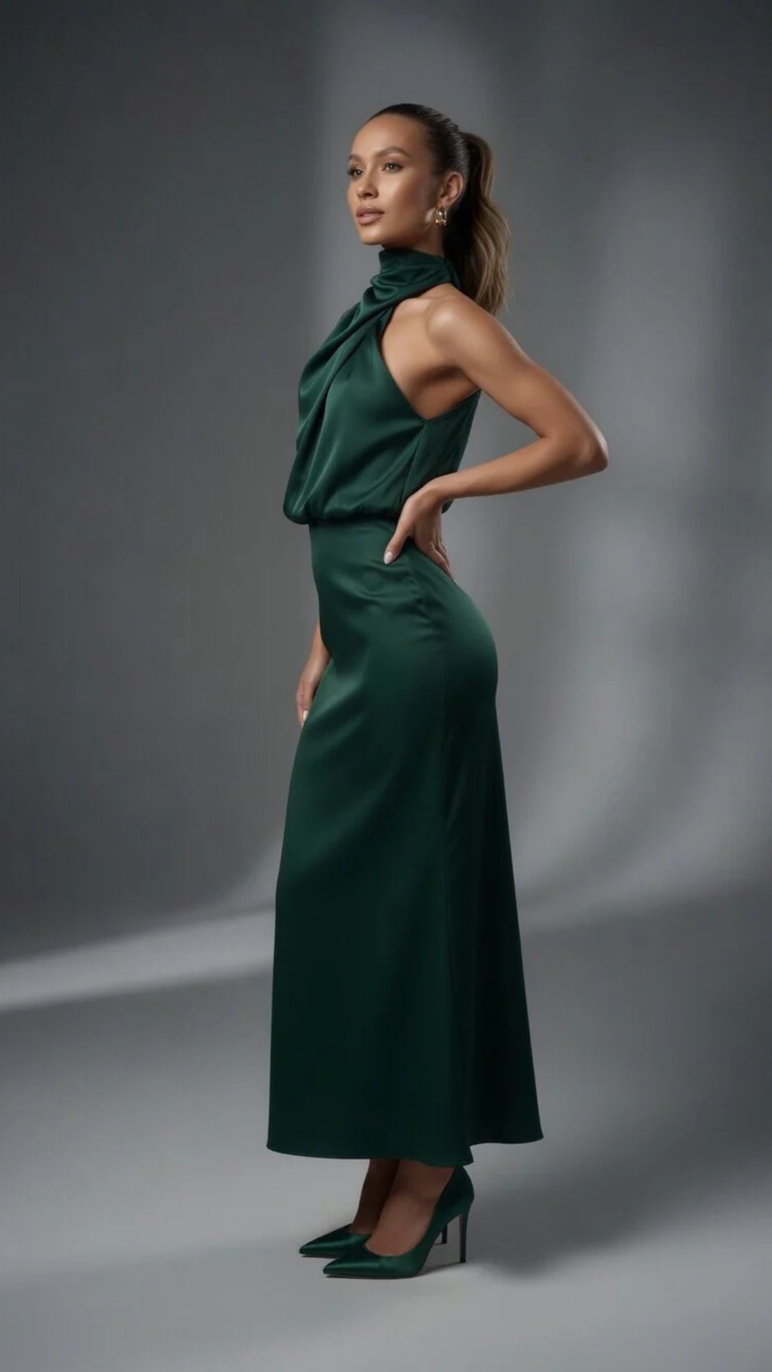 Satin Cowl Halter Neck Midi Dress