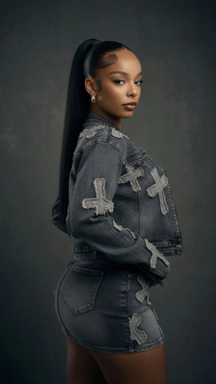 Cross Appliqué Patch Zip-Up Denim Jacket &amp; Mini Skirt Set