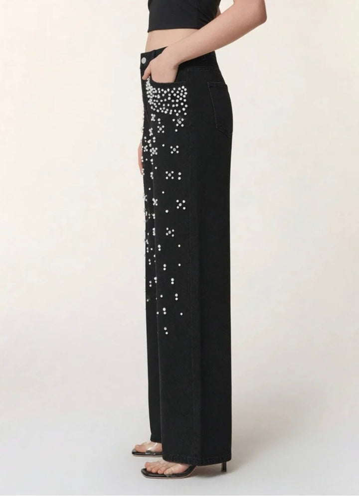 Beaded Detail Straight Leg Denim Jeans