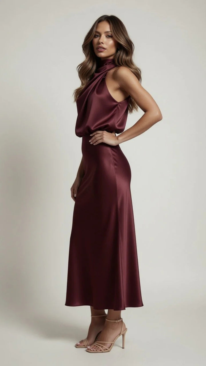 Satin Cowl Halter Neck Midi Dress