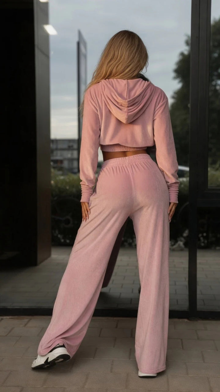 Velour Zip-Up Cropped Hoodie &amp; Wide Leg Trouser Set