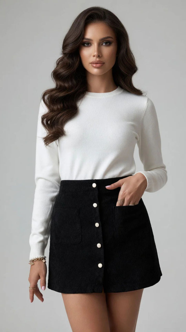 Corduroy Button Detail Mini Skirt with Pockets