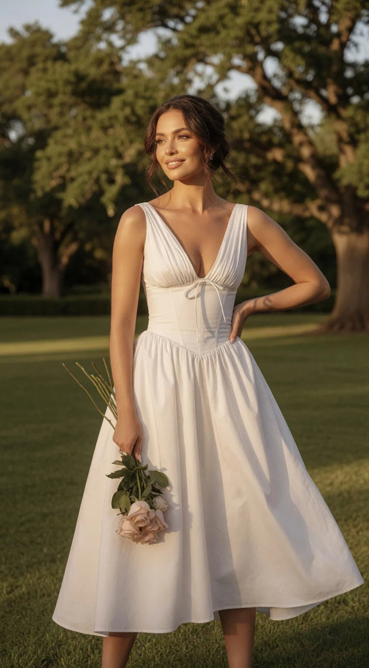 Deep V-Neck Corset Midi Dress