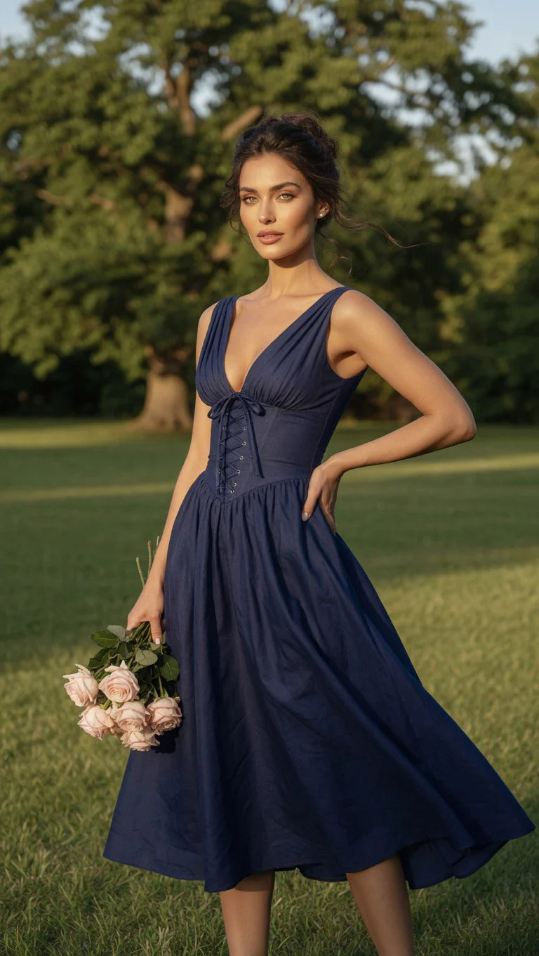 Deep V-Neck Corset Midi Dress