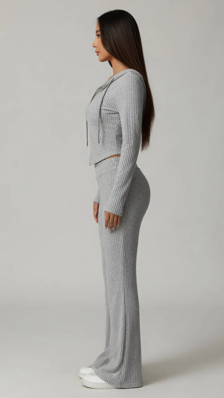 Ribbed Knit Hoodie &amp; Flare Trouser Set