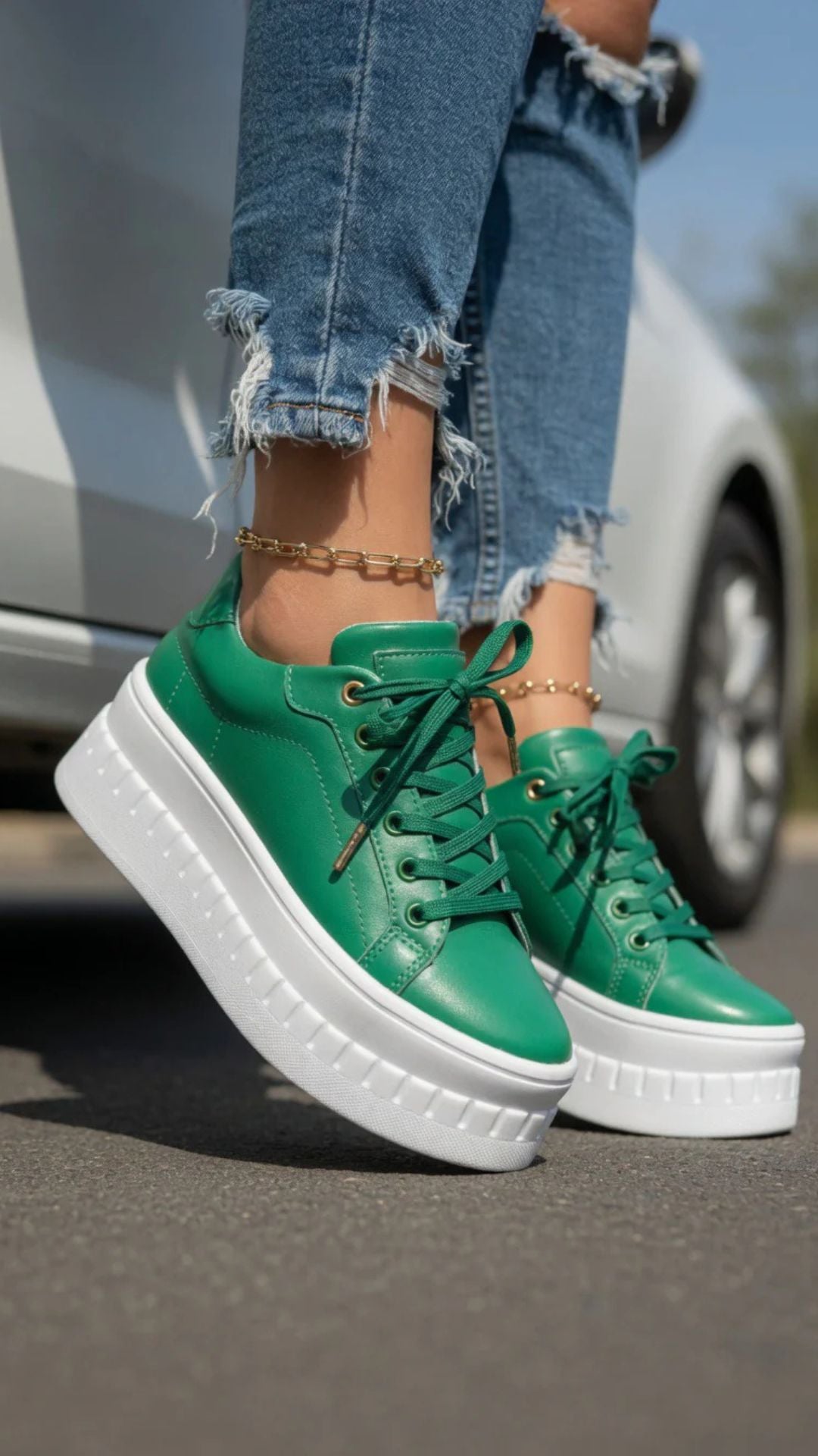 Faux Leather Lace-Up Chunky Platform Sole Trainers