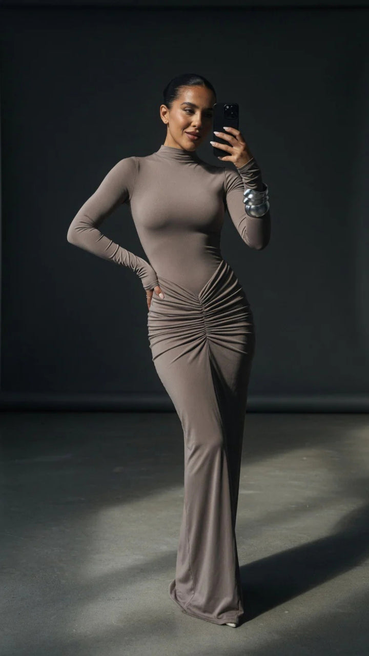High-Neck Long-Sleeve Maxi Dress