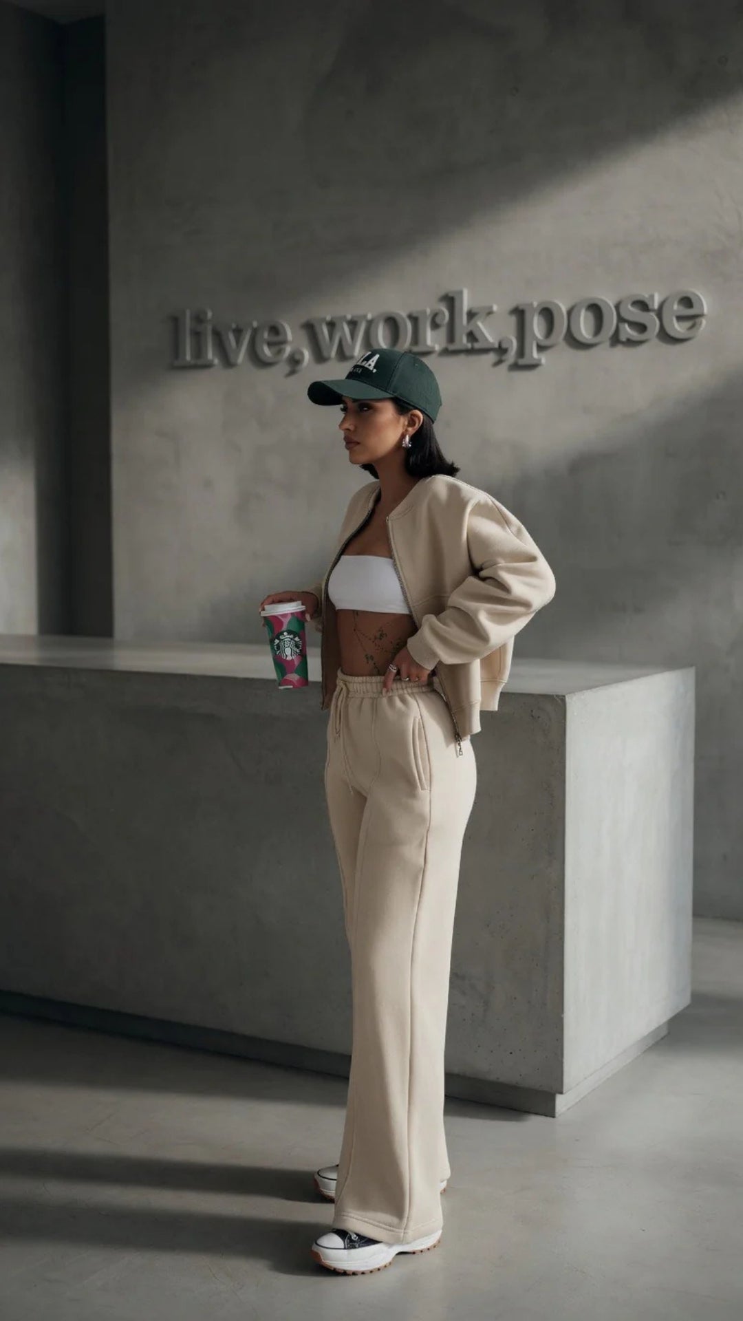 Bomber Zip-Up Cropped Sweatshirt &amp; Wide Leg Trousers Set