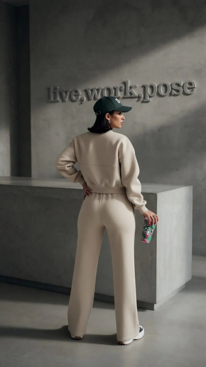 Bomber Zip-Up Cropped Sweatshirt &amp; Wide Leg Trousers Set