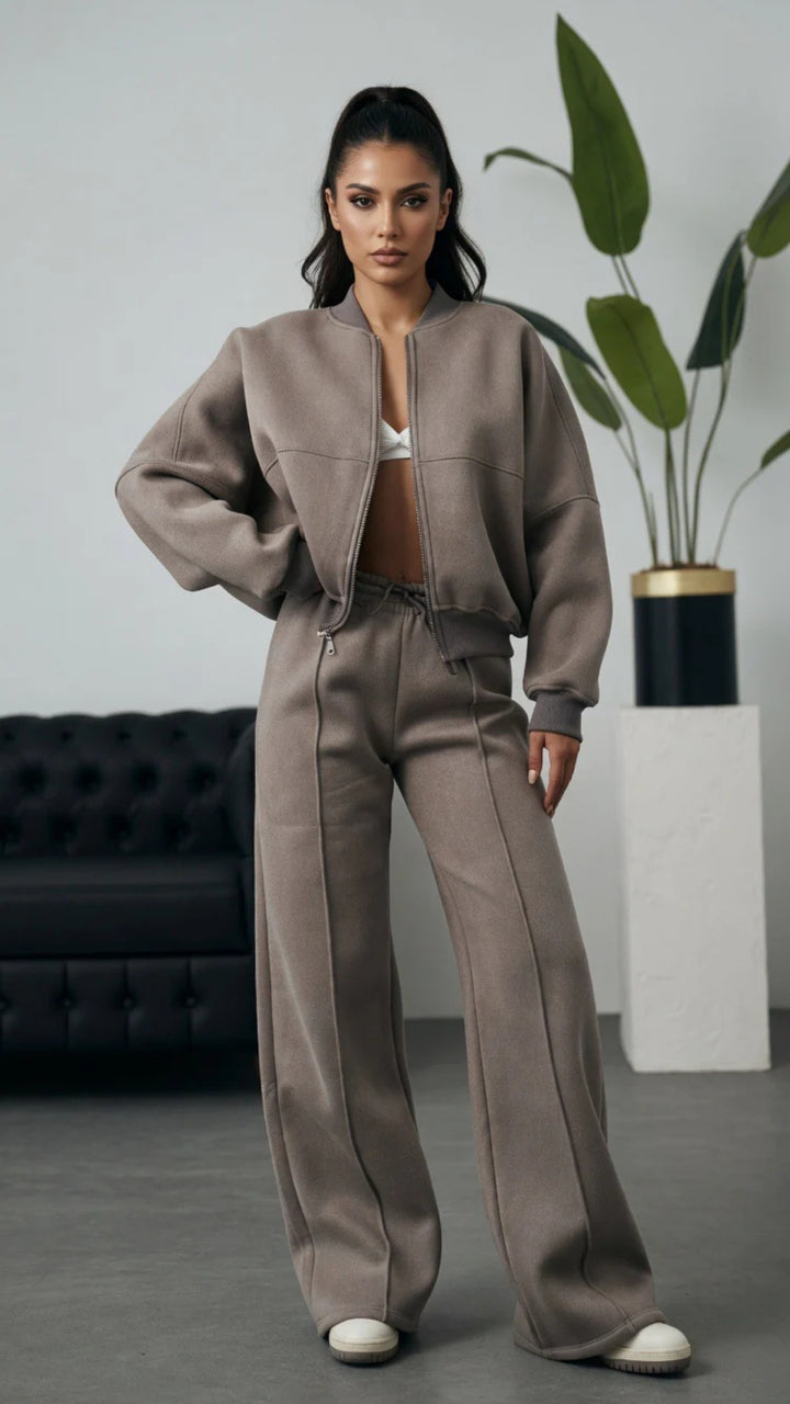 Bomber Zip-Up Cropped Sweatshirt &amp; Wide Leg Trousers Set