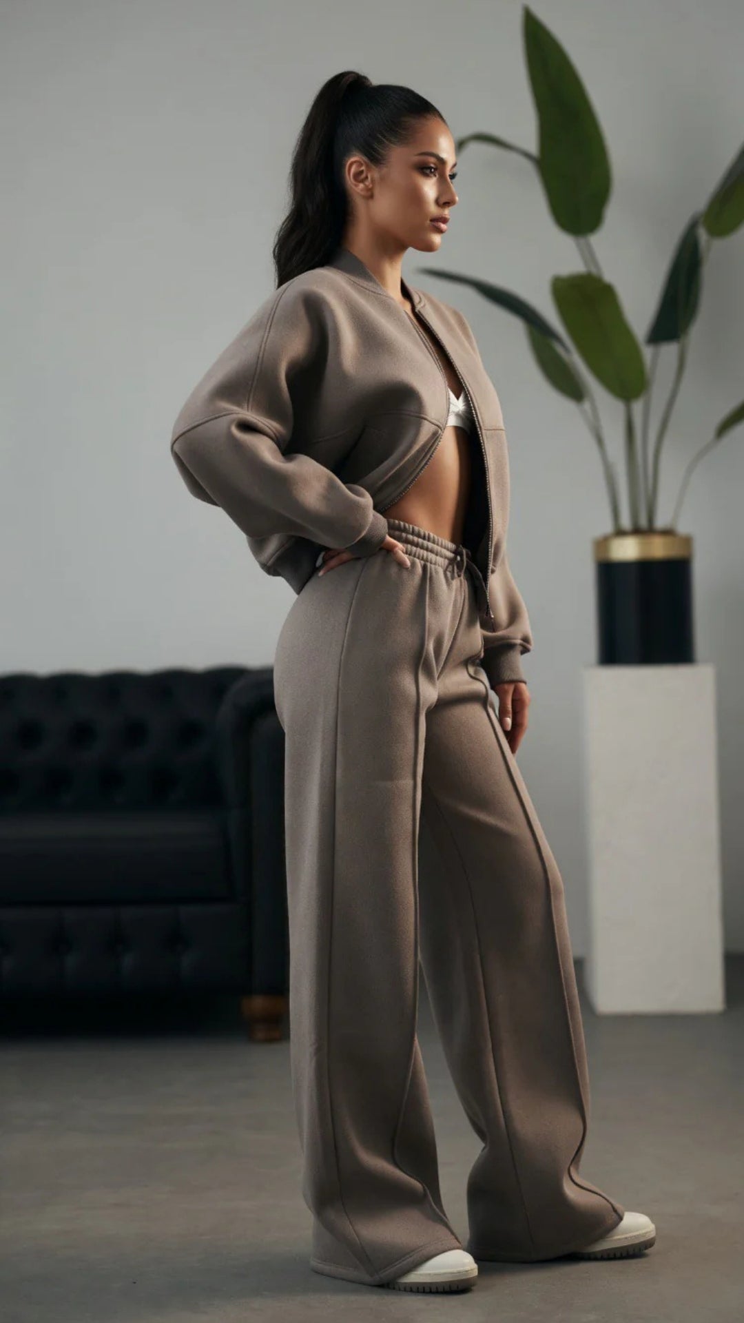 Bomber Zip-Up Cropped Sweatshirt &amp; Wide Leg Trousers Set