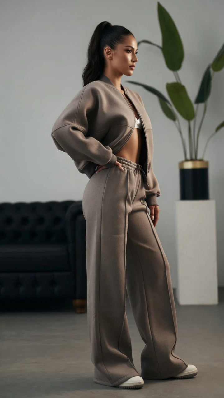 Bomber Zip-Up Cropped Sweatshirt &amp; Wide Leg Trousers Set